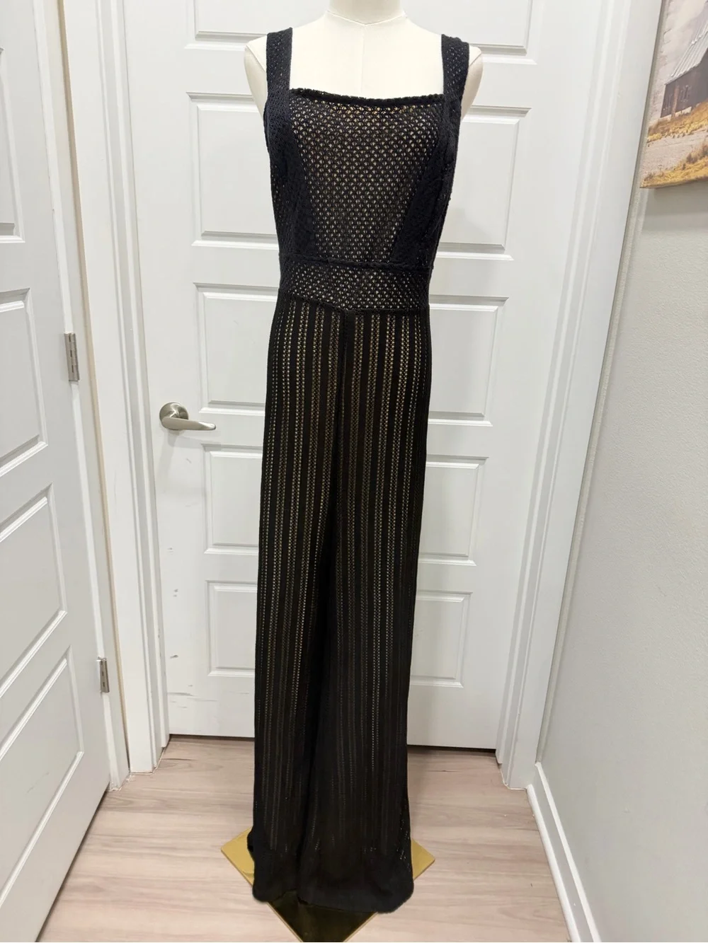 Venus Black Wide-Leg Knit Jumpsuit with Nude Lining